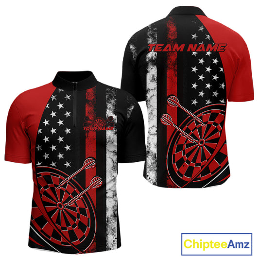 Custom Red Thin Line US Flag Patriotic Dartboard Dart Men Quarter-Zip Team Shirts, Dart Jerseys IPHW9644