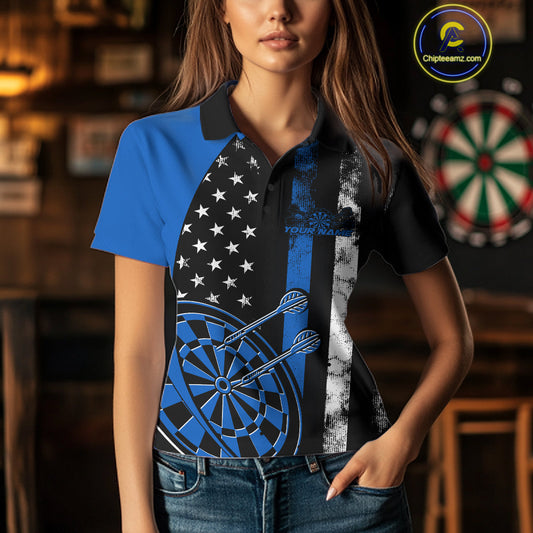Custom Blue Thin Line US Flag Patriotic Dartboard Dart Women Polo Team Shirt, Dart Jersey IPHW9645
