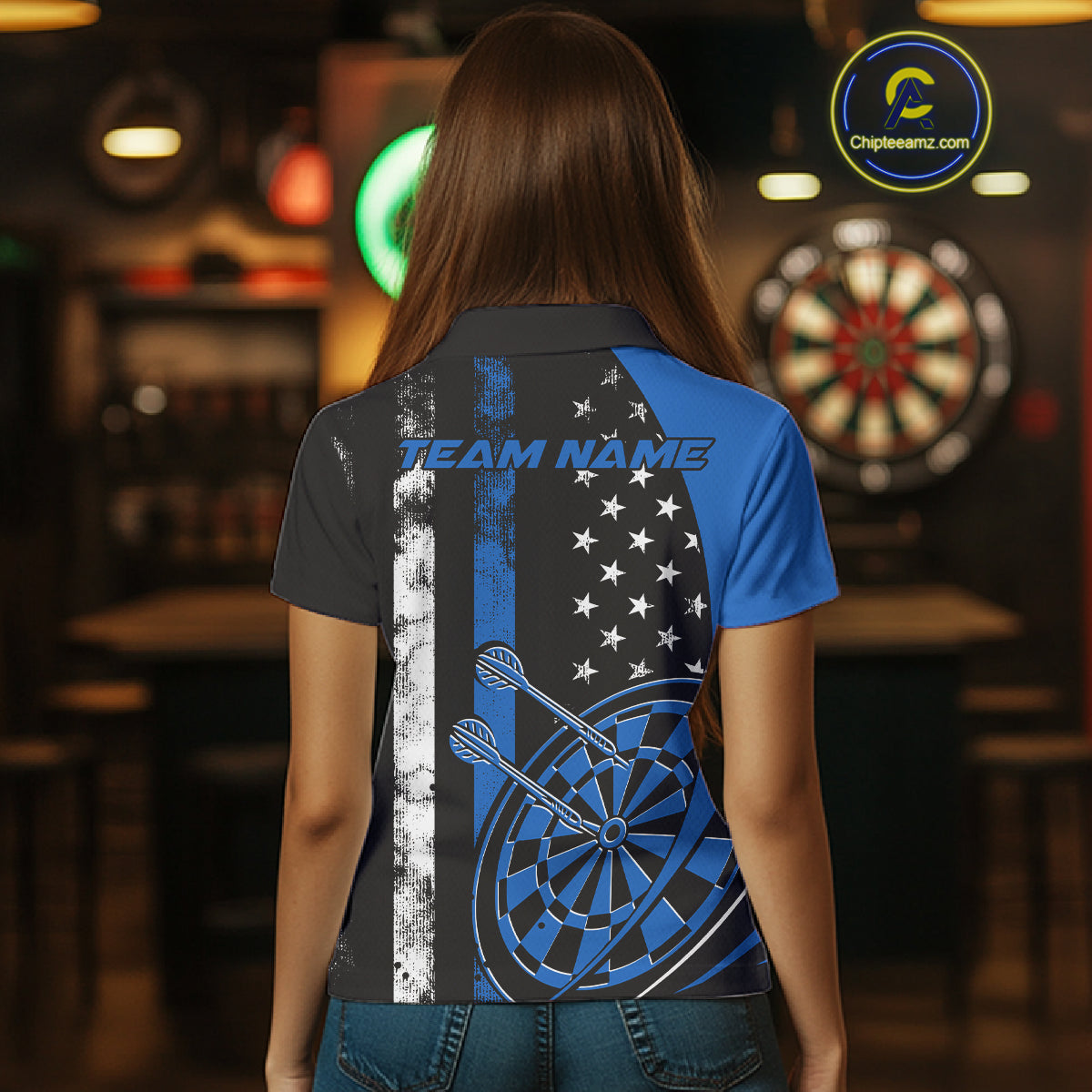 Custom Blue Thin Line US Flag Patriotic Dartboard Dart Women Polo Team Shirt, Dart Jersey IPHW9645