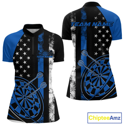 Custom Blue Thin Line US Flag Patriotic Dartboard Dart Women Quarter-Zip Team Shirts IPHW9645