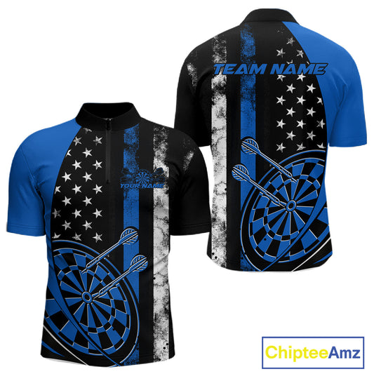 Custom Blue Thin Line US Flag Patriotic Dartboard Dart Men Quarter-Zip Team Shirts, Dart Jerseys IPHW9645