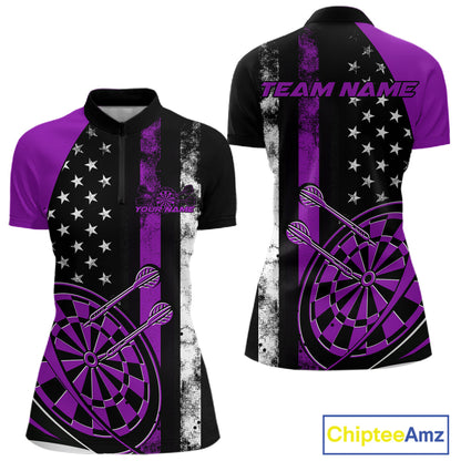 Custom Purple Thin Line US Flag Patriotic Dartboard Dart Women Quarter-Zip Team Shirts IPHW9647
