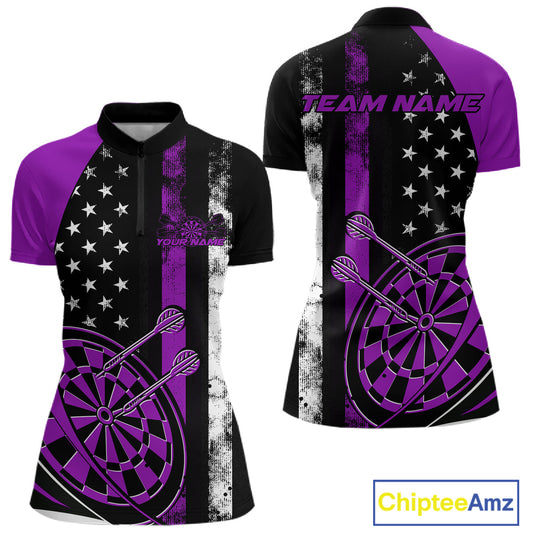 Custom Purple Thin Line US Flag Patriotic Dartboard Dart Women Quarter-Zip Team Shirts IPHW9647