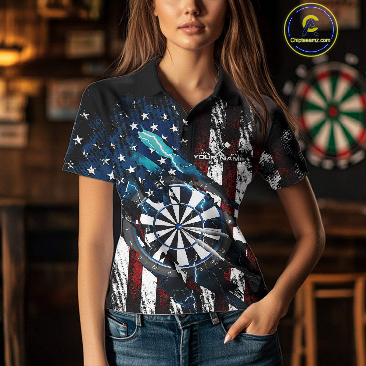 Custom Blue Thunder Lightning Patriotic Dart Women Polo Shirts, Vintage Dart Jerseys IPHW9651
