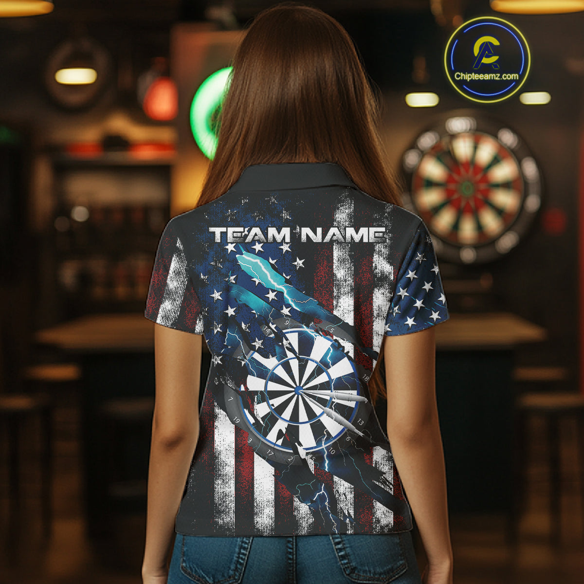 Custom Blue Thunder Lightning Patriotic Dart Women Polo Shirts, Vintage Dart Jerseys IPHW9651