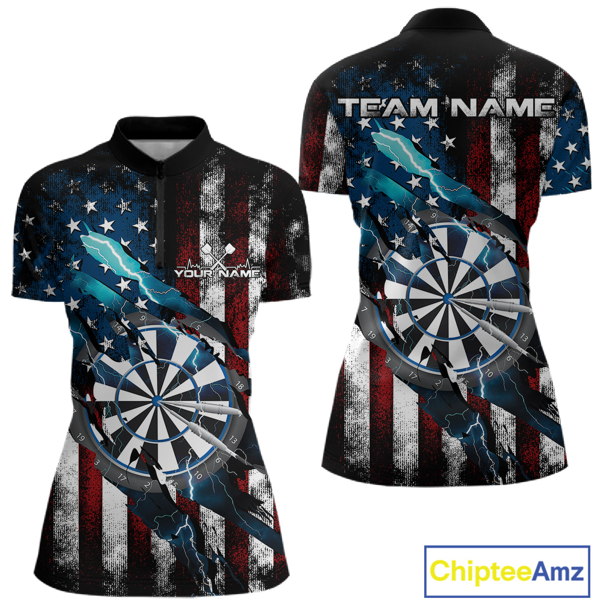 Custom Blue Thunder Lightning Patriotic Dart Women Quarter-Zip Shirt, Vintage Dart Jersey IPHW9651