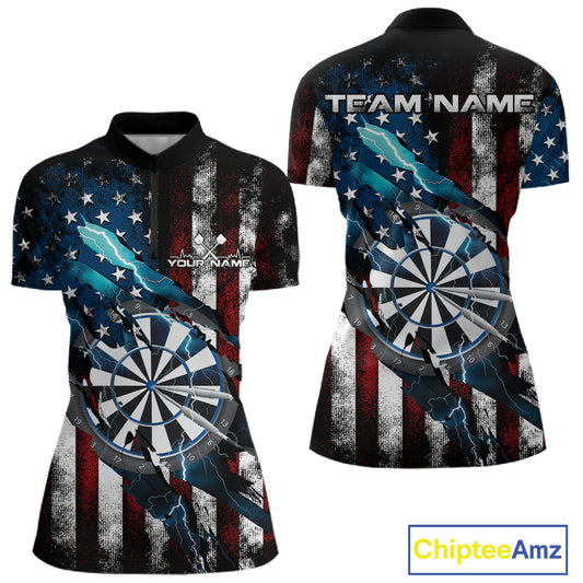 Custom Blue Thunder Lightning Patriotic Dart Women Quarter-Zip Shirt, Vintage Dart Jersey IPHW9651