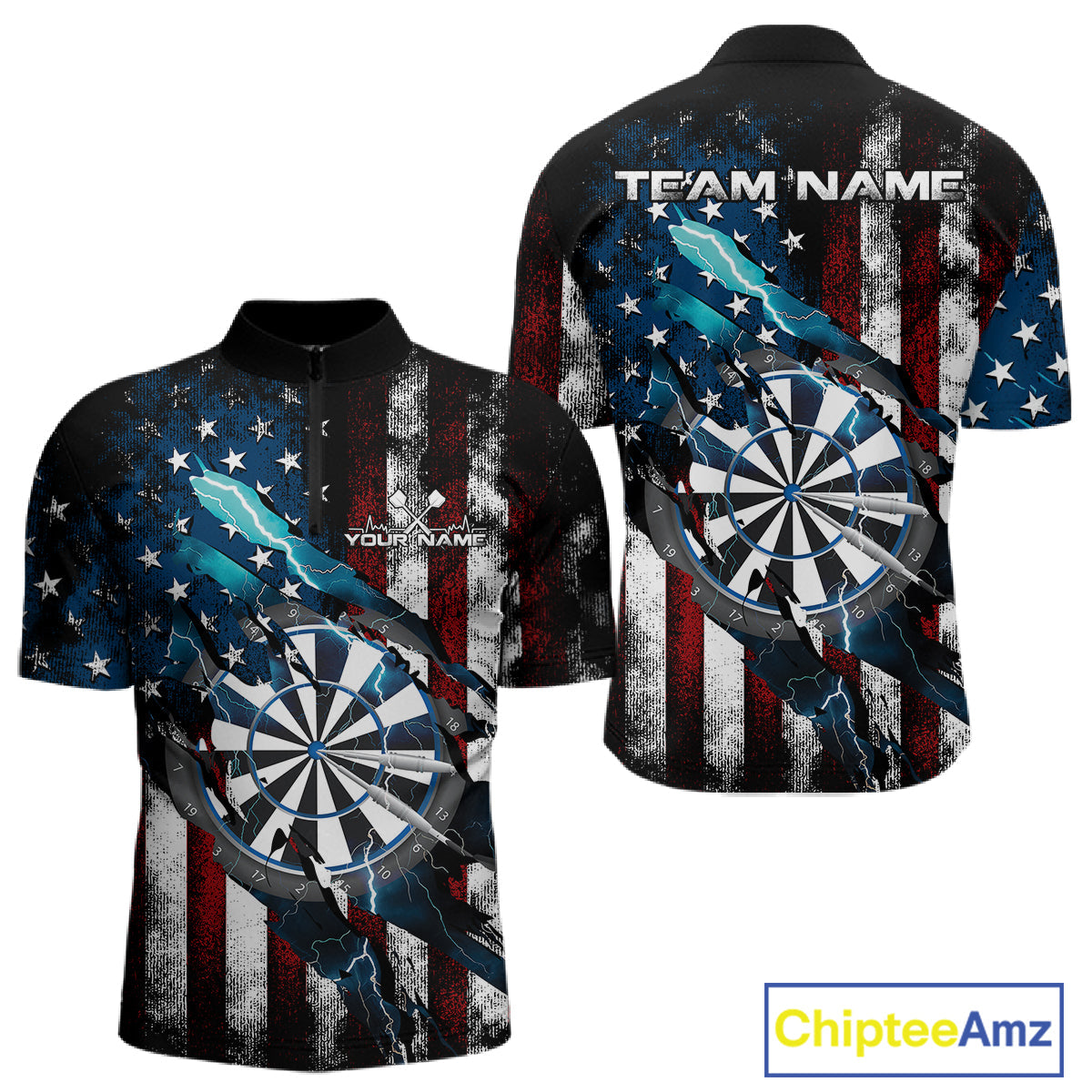 Custom Blue Thunder Lightning Patriotic Dart Men Quarter-Zip Shirts, Vintage Dart Jerseys IPHW9651