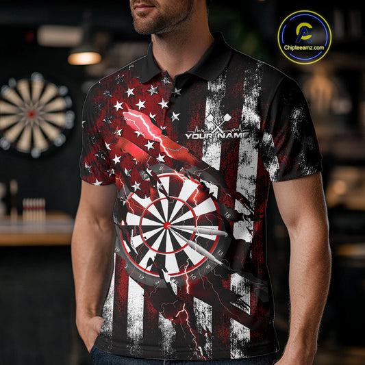 Custom Red Thunder Lightning Patriotic Dart Men Polo Shirts, Vintage Dart Jerseys IPHW9652