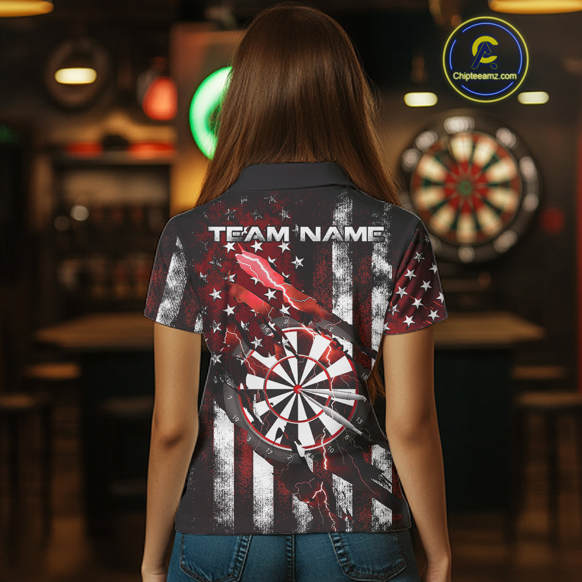 Custom Red Thunder Lightning Patriotic Dart Women Polo Shirts, Vintage Dart Jerseys IPHW9652