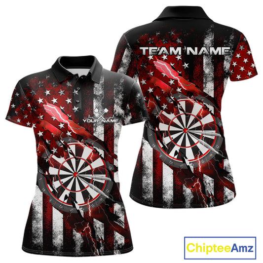 Custom Red Thunder Lightning Patriotic Dart Women Polo Shirts, Vintage Dart Jerseys IPHW9652