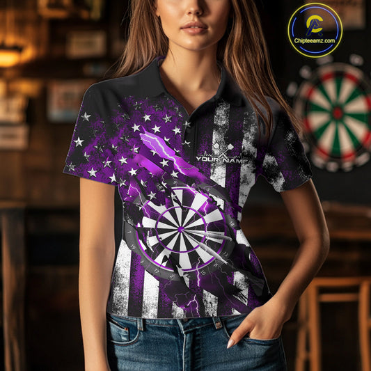 Custom Purple Thunder Lightning Patriotic Dart Women Polo Shirts, Vintage Dart Jerseys IPHW9653