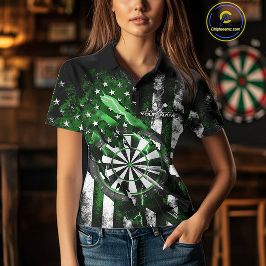 Custom Green Thunder Lightning Patriotic Dart Women Polo Shirts, Vintage Dart Jerseys IPHW9654
