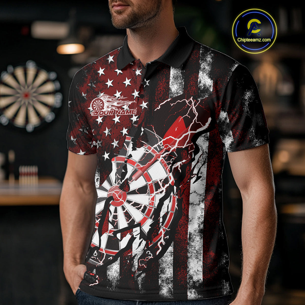 Custom Red Thunder Lightning Patriotic Dart Team Polo Shirts For Men, Dart Jerseys IPHW9656