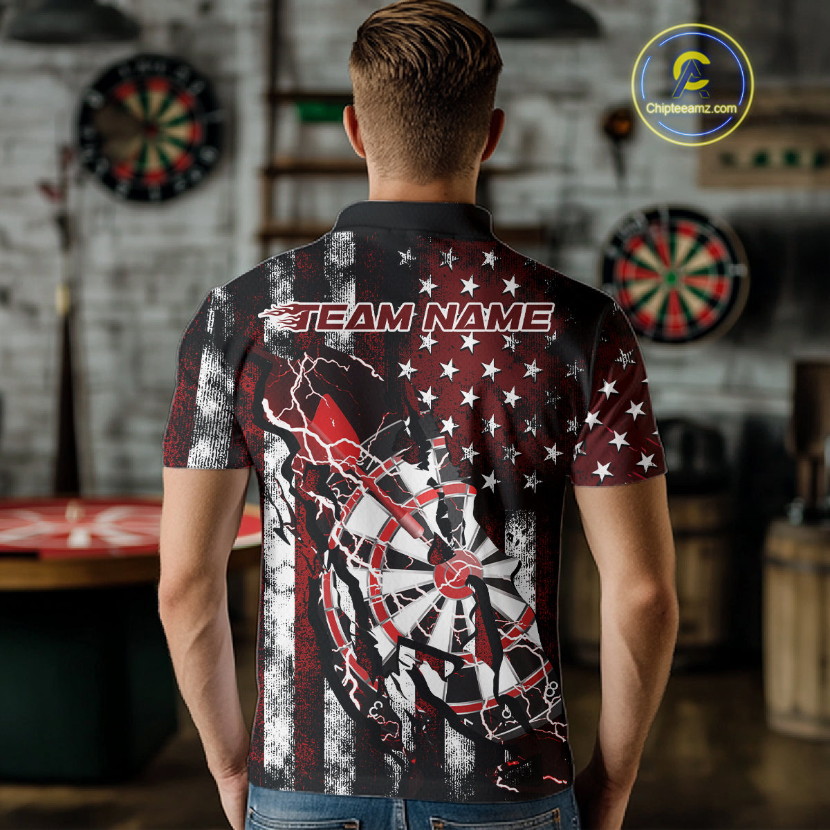 Custom Red Thunder Lightning Patriotic Dart Team Polo Shirts For Men, Dart Jerseys IPHW9656