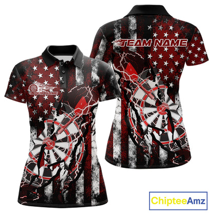 Custom Red Thunder Lightning Patriotic Dart Team Polo Shirts For Women, Dart Jerseys IPHW9656