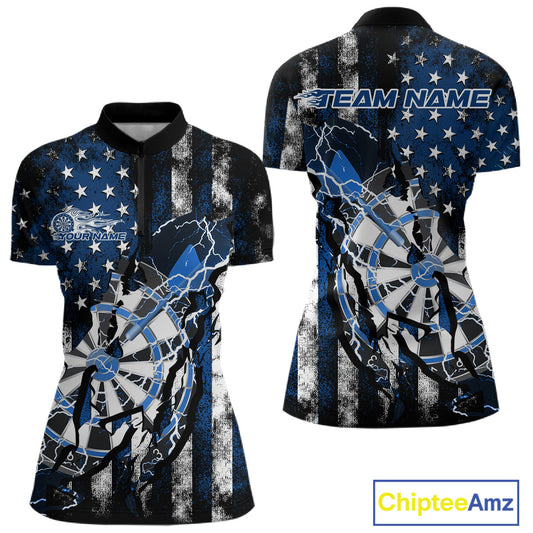 Custom Blue Thunder Lightning Patriotic Dart Team Women Quarter-Zip Shirts, Dart Jerseys IPHW9657