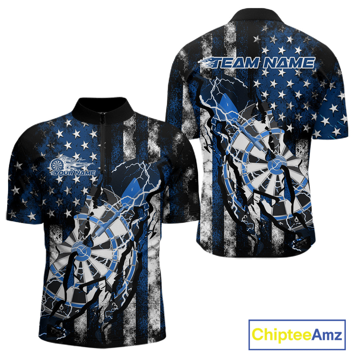 Custom Blue Thunder Lightning Patriotic Dart Team Quarter-Zip Shirts For Men, Dart Jerseys IPHW9657