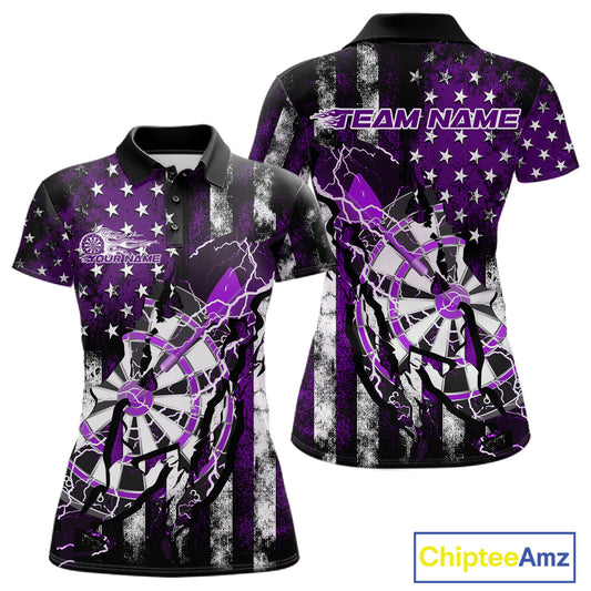 Custom Purple Thunder Lightning Patriotic Dart Team Polo Shirts For Women, Dart Jerseys IPHW9658