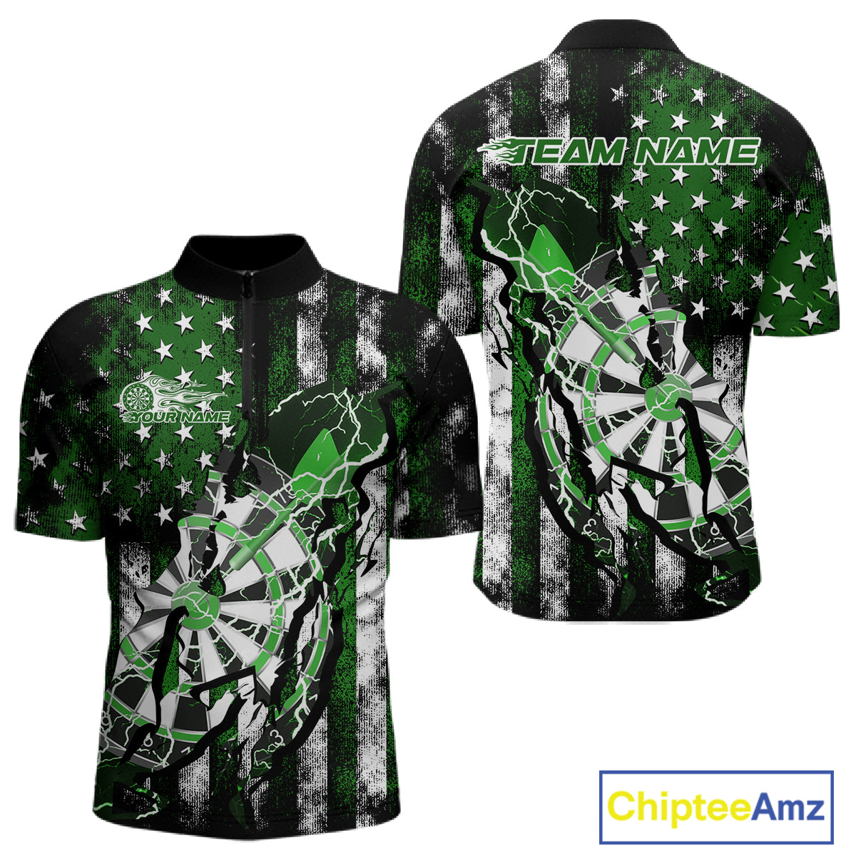 Custom Green Thunder Lightning Patriotic Dart Team Quarter-Zip Shirts For Men, Dart Jerseys IPHW9659