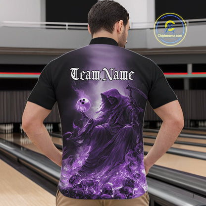 Custom Purple Flame Grim Reaper Bowling Men Quarter-Zip Shirts, Halloween Bowling Team Outfit IPHW9468