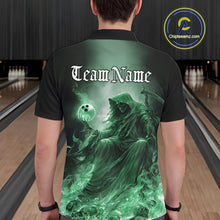 Load image into Gallery viewer, Custom Green Flame Grim Reaper Bowling Men Polo Shirts, Halloween Bowling Team Outfit IPHW9469