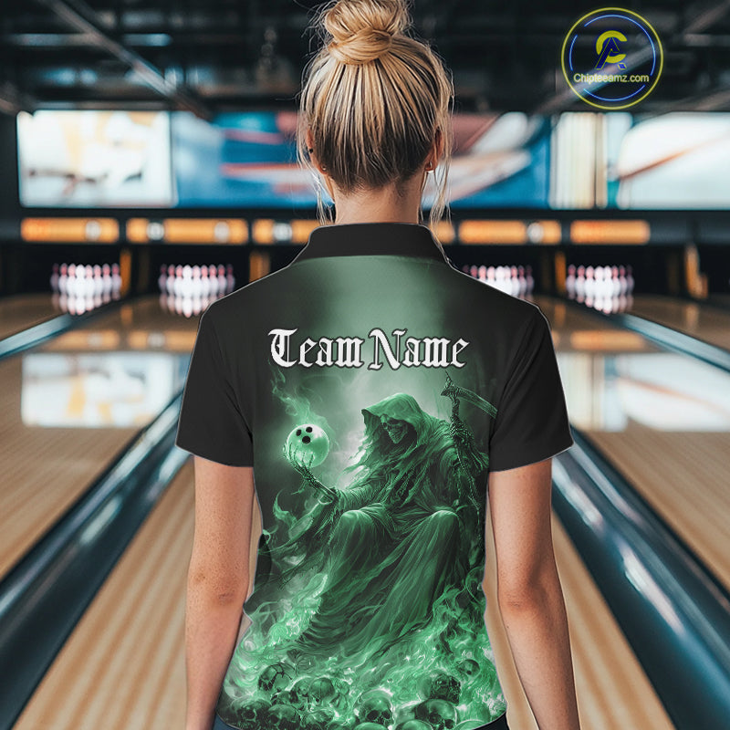 Custom Green Flame Grim Reaper Bowling Women Polo Shirts, Halloween Bowling Team Outfit IPHW9469