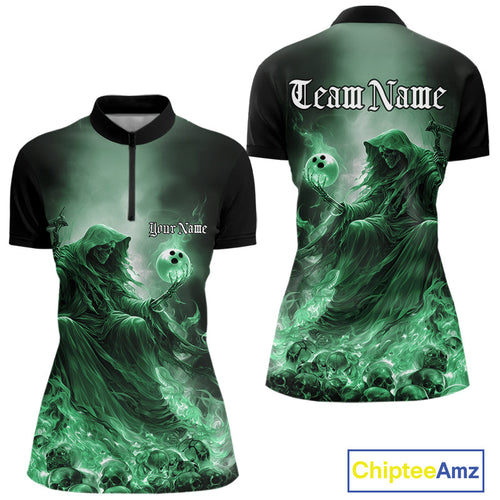 Custom Green Flame Grim Reaper Bowling Women Quarter-Zip Shirt, Halloween Bowling Outfit IPHW9469