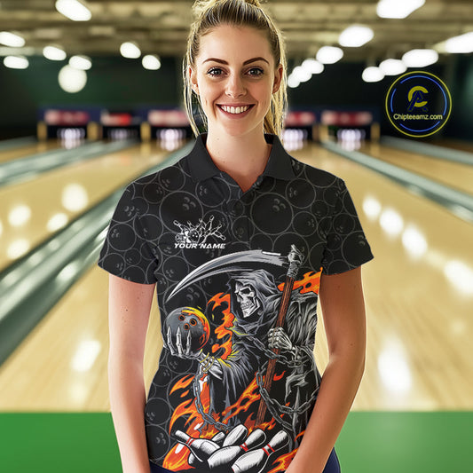 Custom Chaotic Flame Grim Reaper Bowling Women Polo Shirts, Halloween Bowling Team Shirt IPHW9473