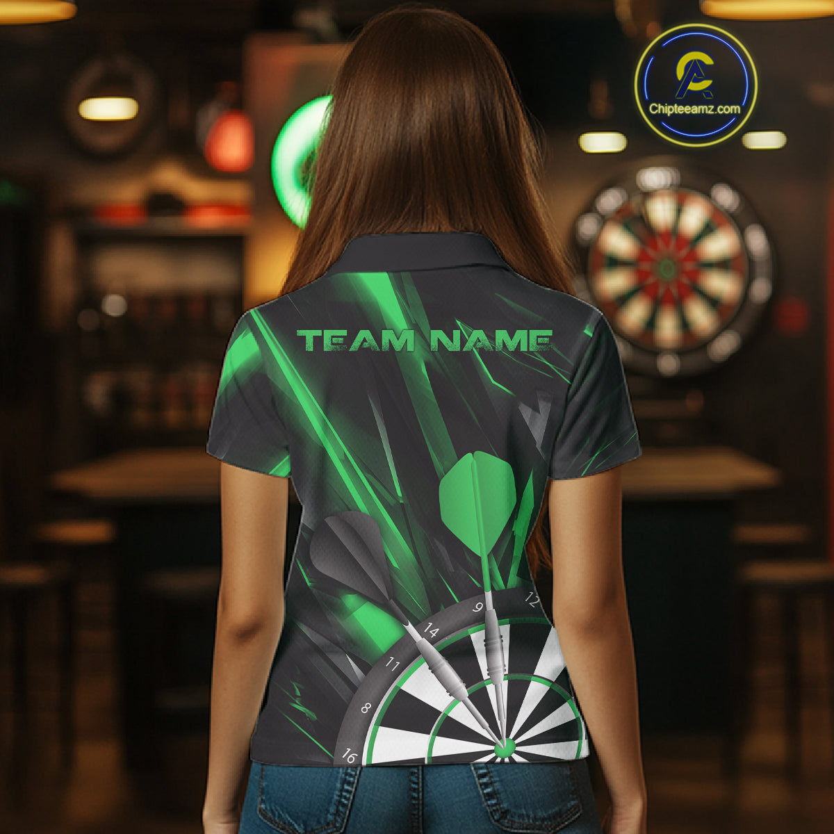Custom Black And Green Dart Jerseys, Dart Polo Shirts For Women Team Jerseys IPHW9682