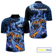 Load image into Gallery viewer, Custom Blue Fire Flame Tiger Bowling Team Quarter-Zip Shirts For Men, Tiger Bowling Jerseys IPHW9484