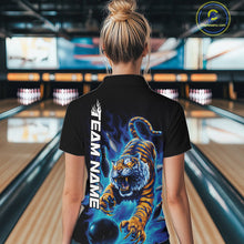 Load image into Gallery viewer, Custom Blue Fire Flame Tiger Bowling Team Women Quarter-Zip Shirts, Tiger Bowling Jerseys IPHW9485
