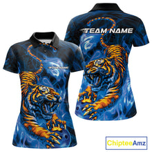Load image into Gallery viewer, Custom Blue Fire Flame Tiger Bowling Team Polo Shirts For Women, Tiger Bowling Jerseys IPHW9486
