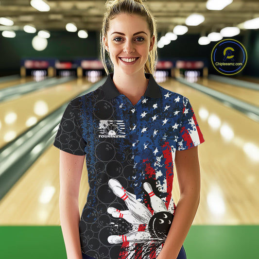 Custom Grunge Vintage American Patriotic Bowling Team Jerseys, Bowling Women Polo Shirt IPHW9489