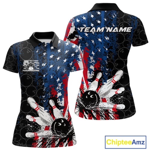Custom Grunge Vintage American Patriotic Bowling Team Jerseys, Bowling Women Polo Shirt IPHW9489