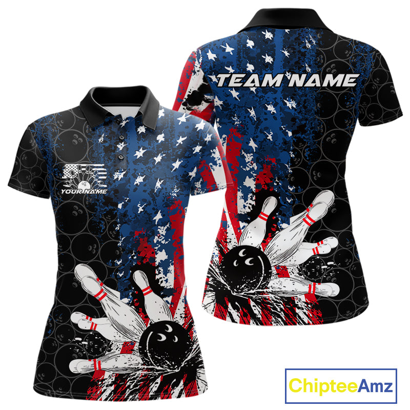 Custom Grunge Vintage American Patriotic Bowling Team Jerseys, Bowling Women Polo Shirt IPHW9489
