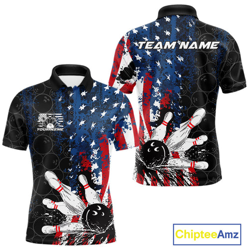 Custom Grunge Vintage American Flag Patriotic Bowling Team Jerseys, Bowling Men Polo Shirt IPHW9489