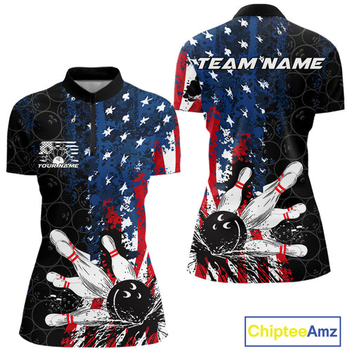 Custom Grunge Vintage American Flag Patriotic Bowling Jerseys, Women Quarter-Zip Shirt IPHW9489