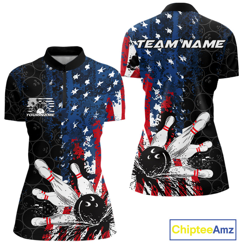 Custom Grunge Vintage American Flag Patriotic Bowling Jerseys, Women Quarter-Zip Shirt IPHW9489