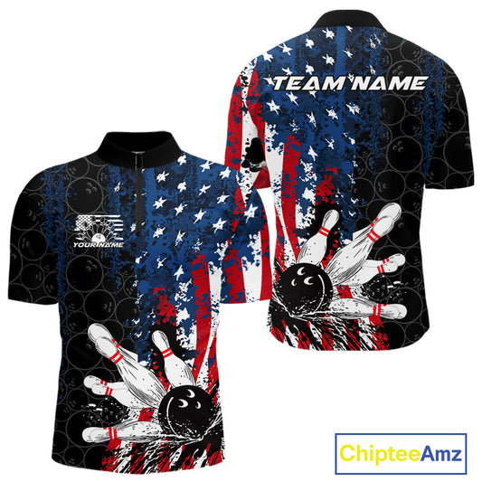 Custom Grunge Vintage American Flag Patriotic Bowling Team Jerseys, Bowling Men Quarter-Zip Shirt IPHW9489