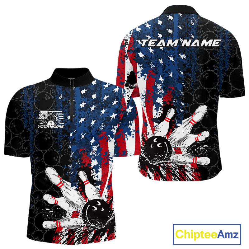 Custom Grunge Vintage American Flag Patriotic Bowling Team Jerseys, Bowling Men Quarter-Zip Shirt IPHW9489