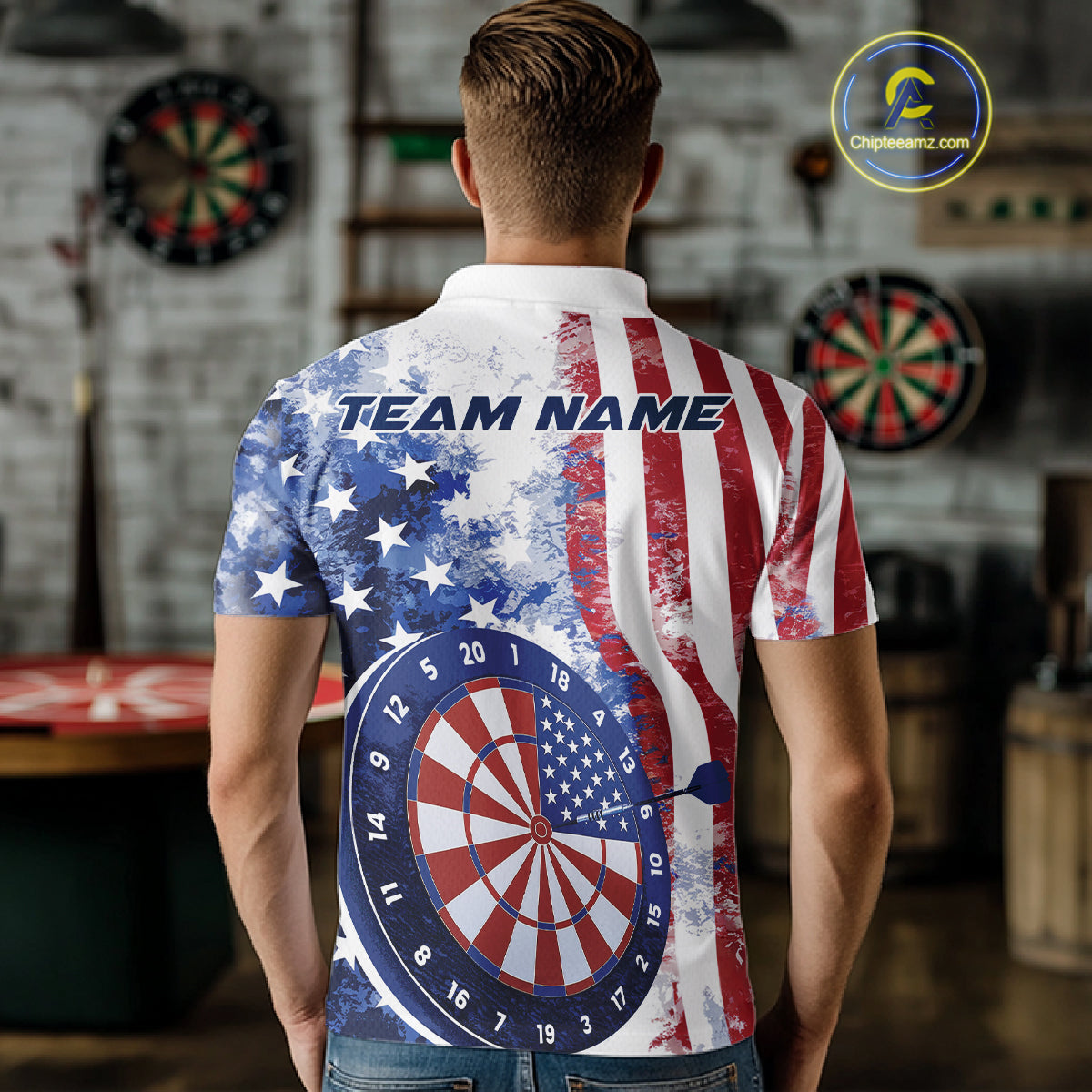 Custom Patriotic Dart Pulse Line Jerseys, US Flag Dartboard Team Polo Shirts For Men IPHW9698