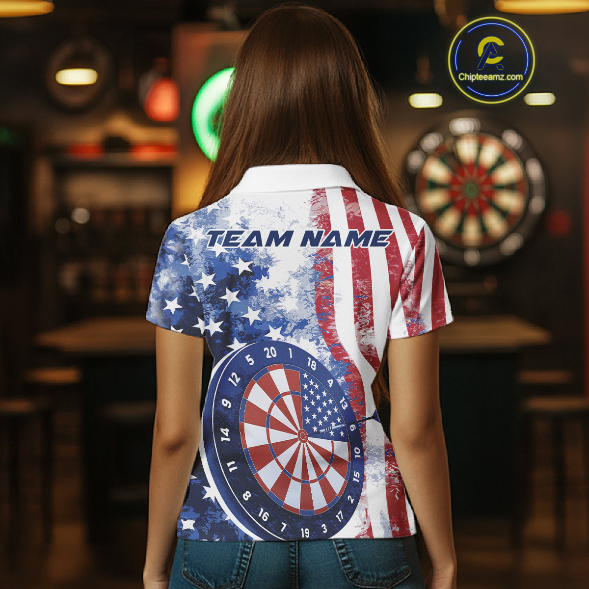 Custom Patriotic Dart Pulse Line Jerseys, US Flag Dartboard Team Polo Shirts For Women IPHW9698