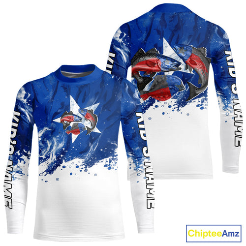Custom Texas Flag Texas Slam Redfish, Trout, Flounder Kid Long Sleeve UV Protection Fishing Shirts IPHW9354