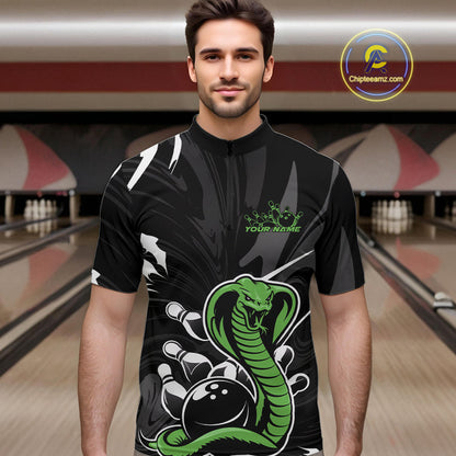 Custom Green Cobra Snake Bowling Team Jerseys, Bowling Quarter-Zip Shirts For Men IPHW9709