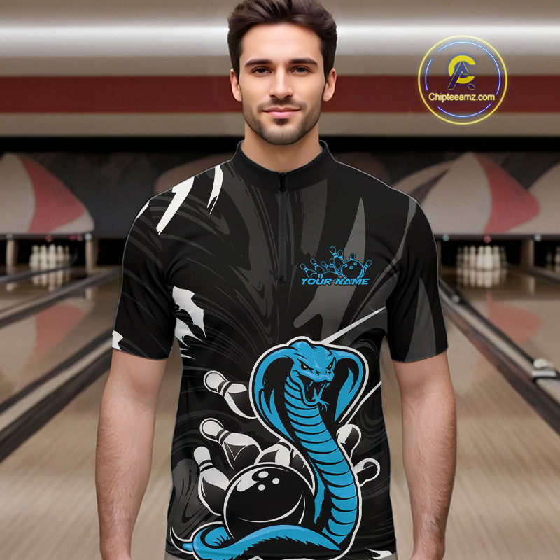 Custom Blue Cobra Snake Bowling Team Jerseys, Bowling Quarter-Zip Shirts For Men IPHW9710