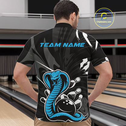 Custom Blue Cobra Snake Bowling Team Jerseys, Bowling Quarter-Zip Shirts For Men IPHW9710