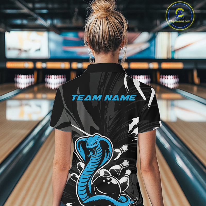 Custom Blue Cobra Snake Bowling Team Jerseys, Bowling Quarter-Zip Shirts For Women IPHW9710