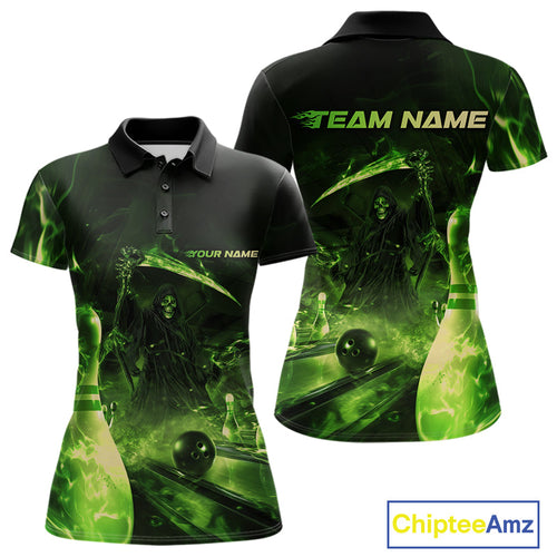 Custom Green Fire Flame Grim Reaper Bowling Women Polo Shirts, Halloween Bowlers Outfit IPHW9712