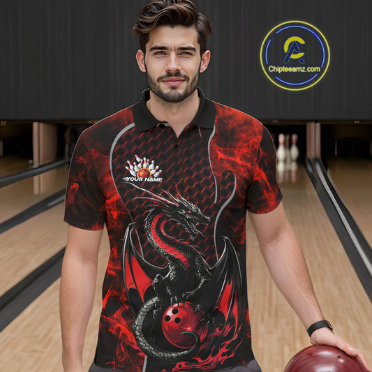 Custom Black And Red Fire Flame Dragon Bowling Polo Shirt For Men, Dragon Bowling Jersey IPHW9864